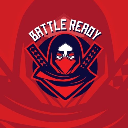 A stylized logo for 'Battle Ready,' featuring a masked martial artist holding two swords, set against a bold red background.